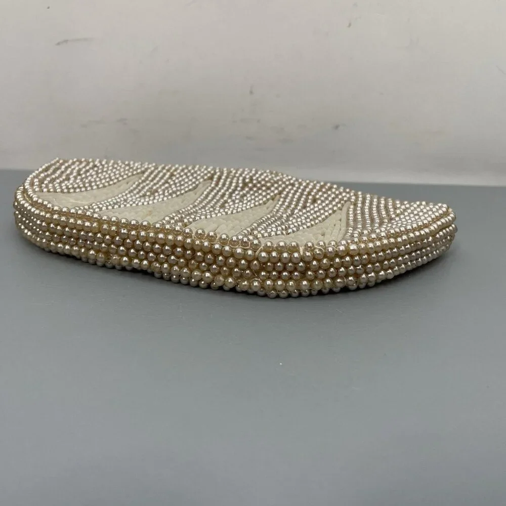 Vintage Beaded Clutch Evening Purse Makeup Bag Zip Top Faux String Pearls Small - Picture 6 of 12